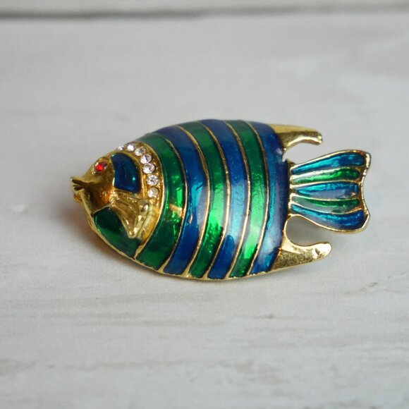 Vintage Enamel Rhinestones Tropical Fish Brooch Pin Metal - Picture 7 of 7
